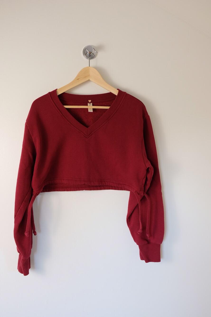 Cropped V-Neck Sweatshirt Women's XS Red Drawstring Lounge Athleisure Y2K